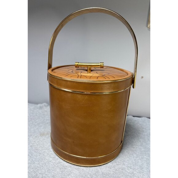 Vintage Faux Leather & Gold Ice Bucket with Handle & Lid Floral Design Top Mid-C - Picture 1 of 8